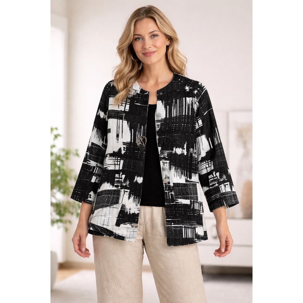 Joseph Ribkoff Black White Abstract Print Collarless Jacket Women's Size‎ 8